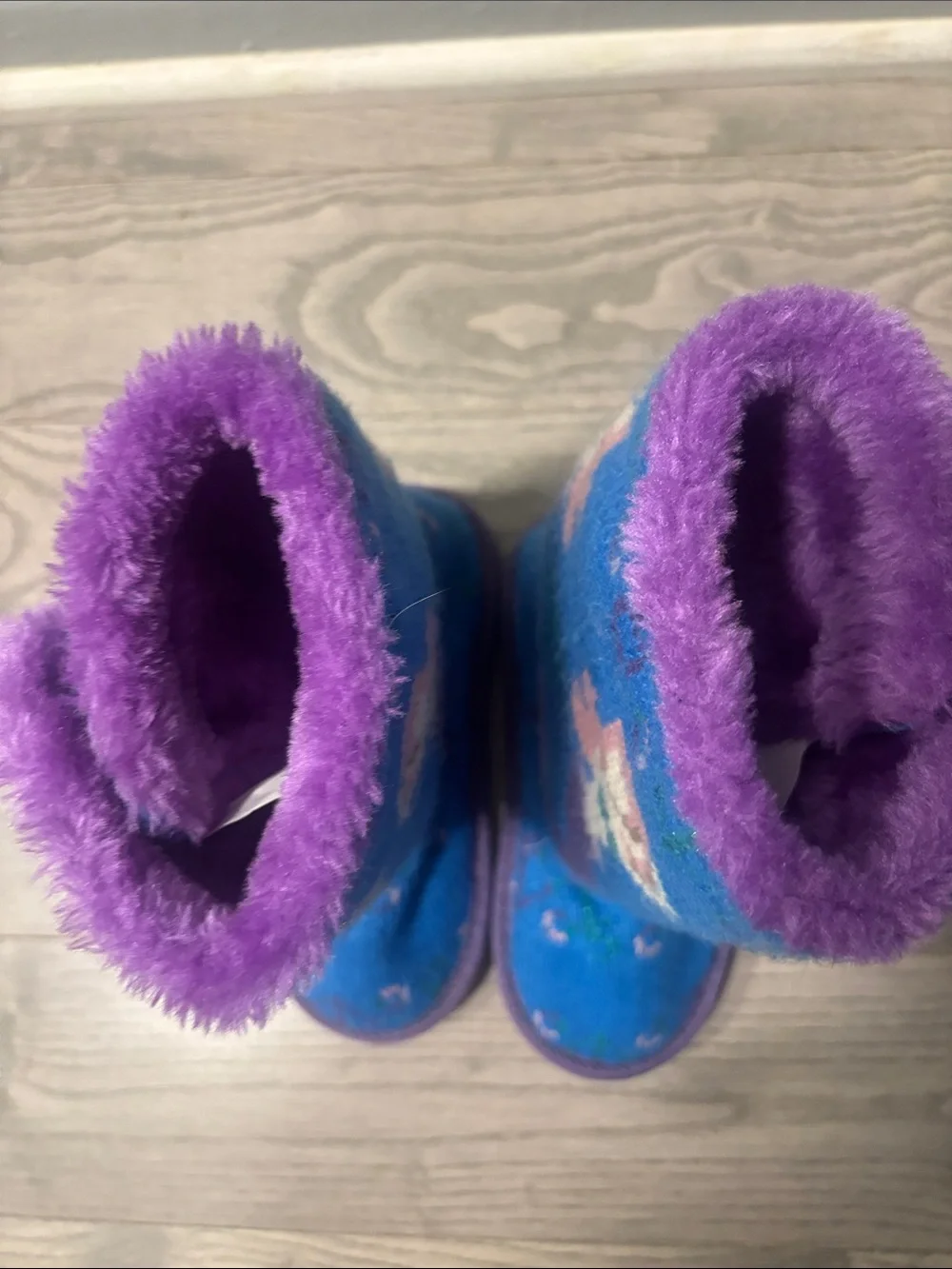 Kids Original Mukluks Blue and Purple Button-Up Winter Boots with Mermaid Design